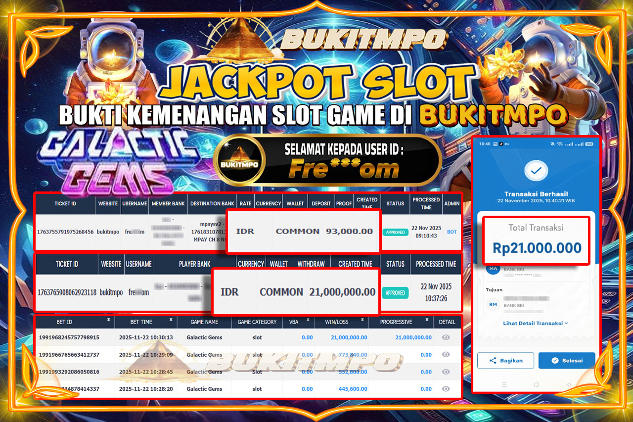 BUKITMPO JACKPOT GALACTIC GEMS - PG SOFT Rp.21,000,000.00,- LUNAS